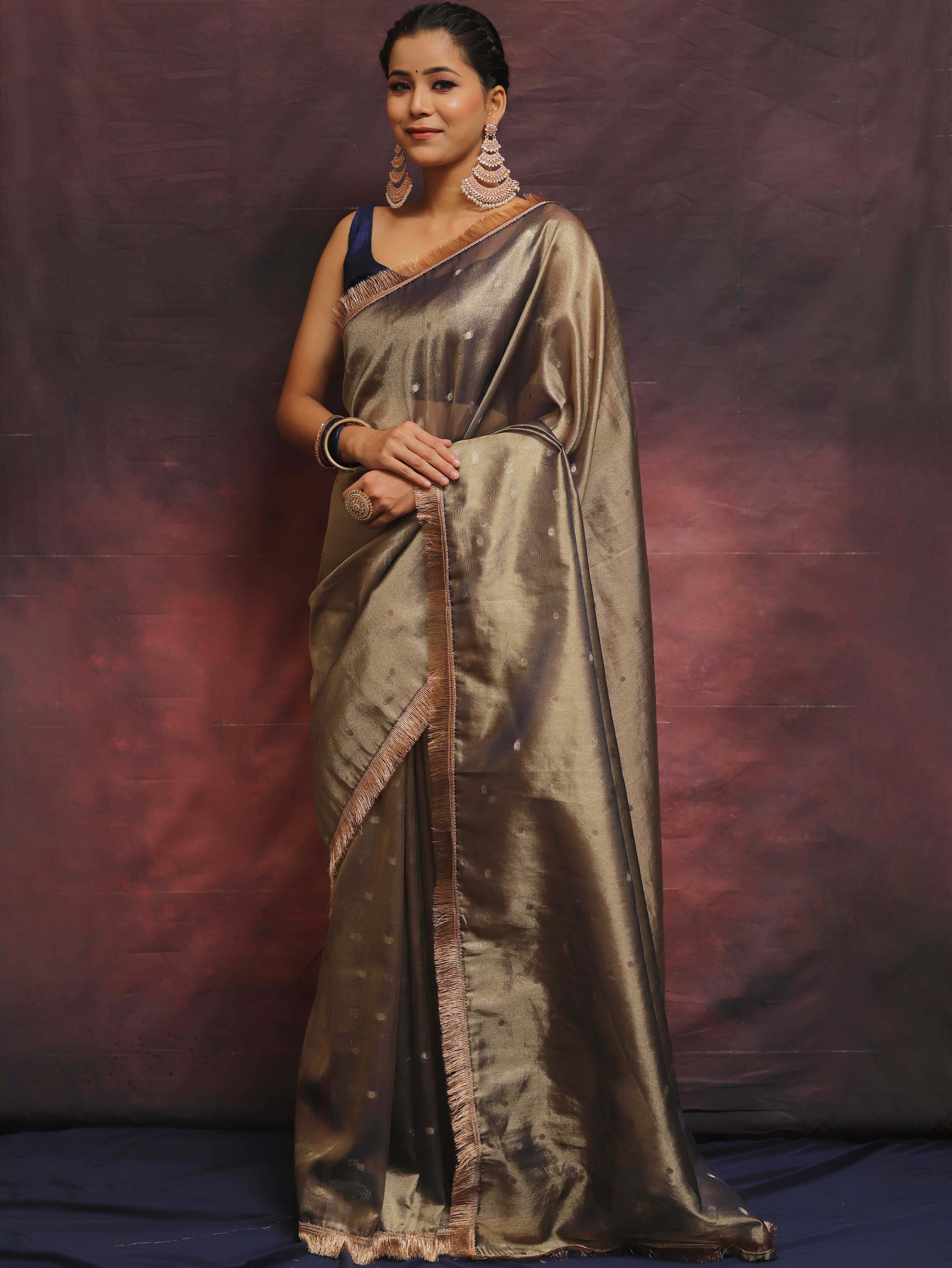 Banarasee Handwoven Tissue Saree Zari Buti With Lace-Blue