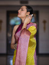 Banarasee Semi Chiffon Saree With Buti Design & Contrast Zari Border-Yellow & Magenta