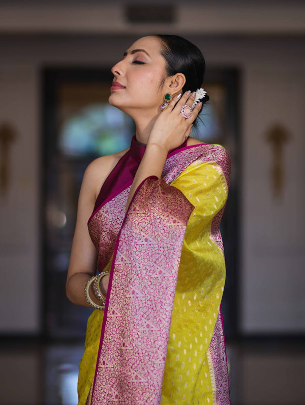 Banarasee Semi Chiffon Saree With Buti Design & Contrast Zari Border-Yellow & Magenta