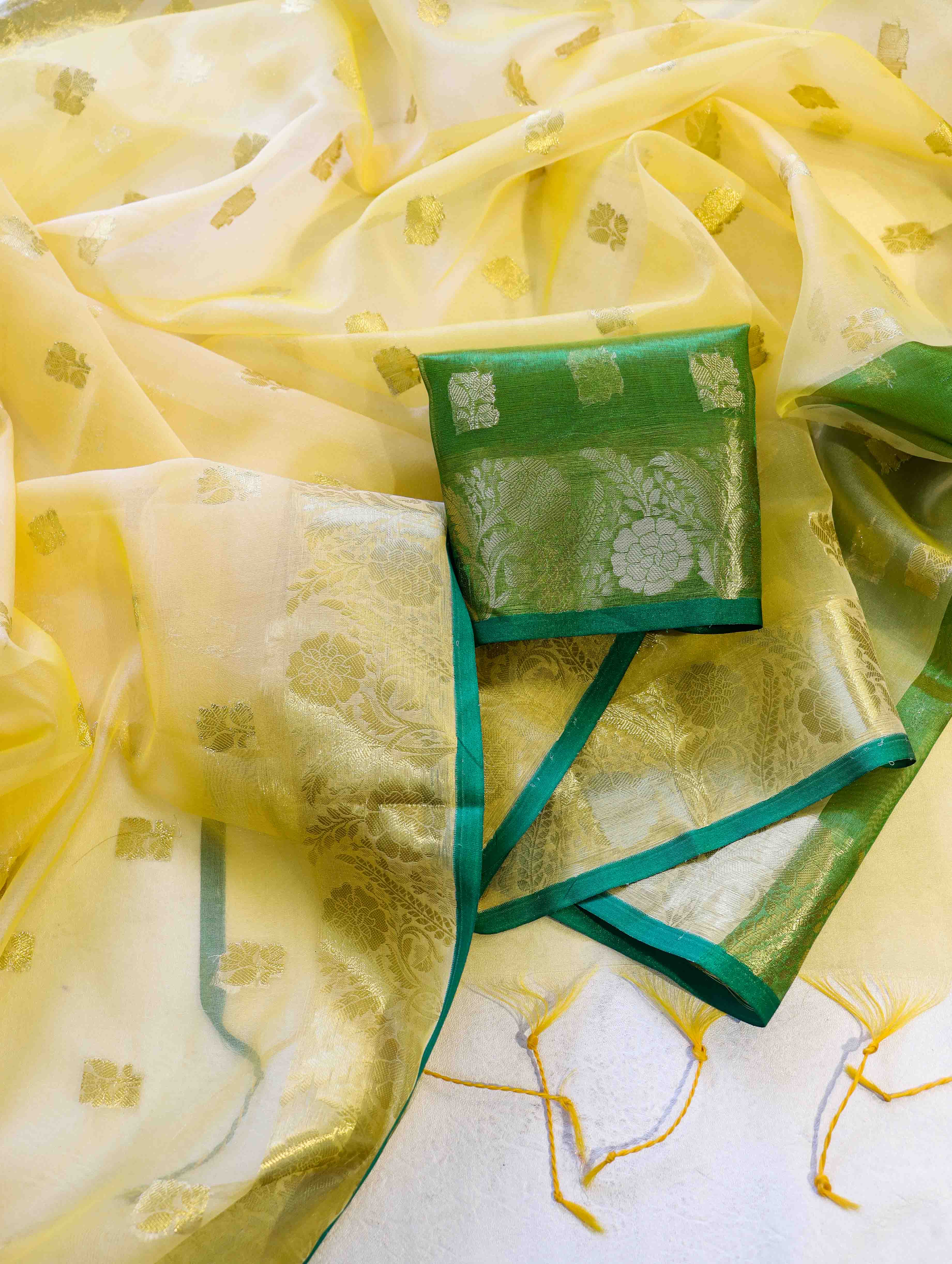 Banarasee Handloom Organza Mix Saree With Zari Buta Design & Contrast Border-Light Yellow