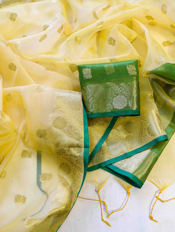 Banarasee Handloom Organza Mix Saree With Zari Buta Design & Contrast Border-Light Yellow