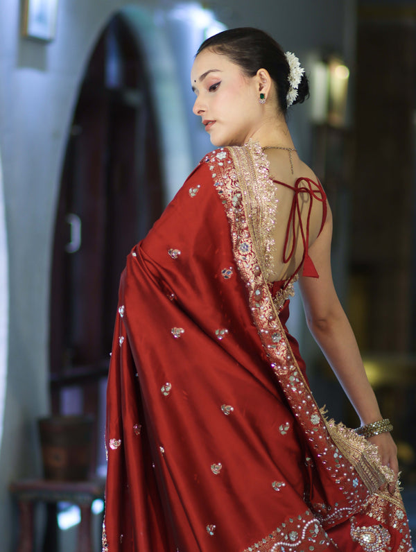Banarasee Soft Silk Saree With Handwork Pearl Motifs & Mirror Work-Maroon