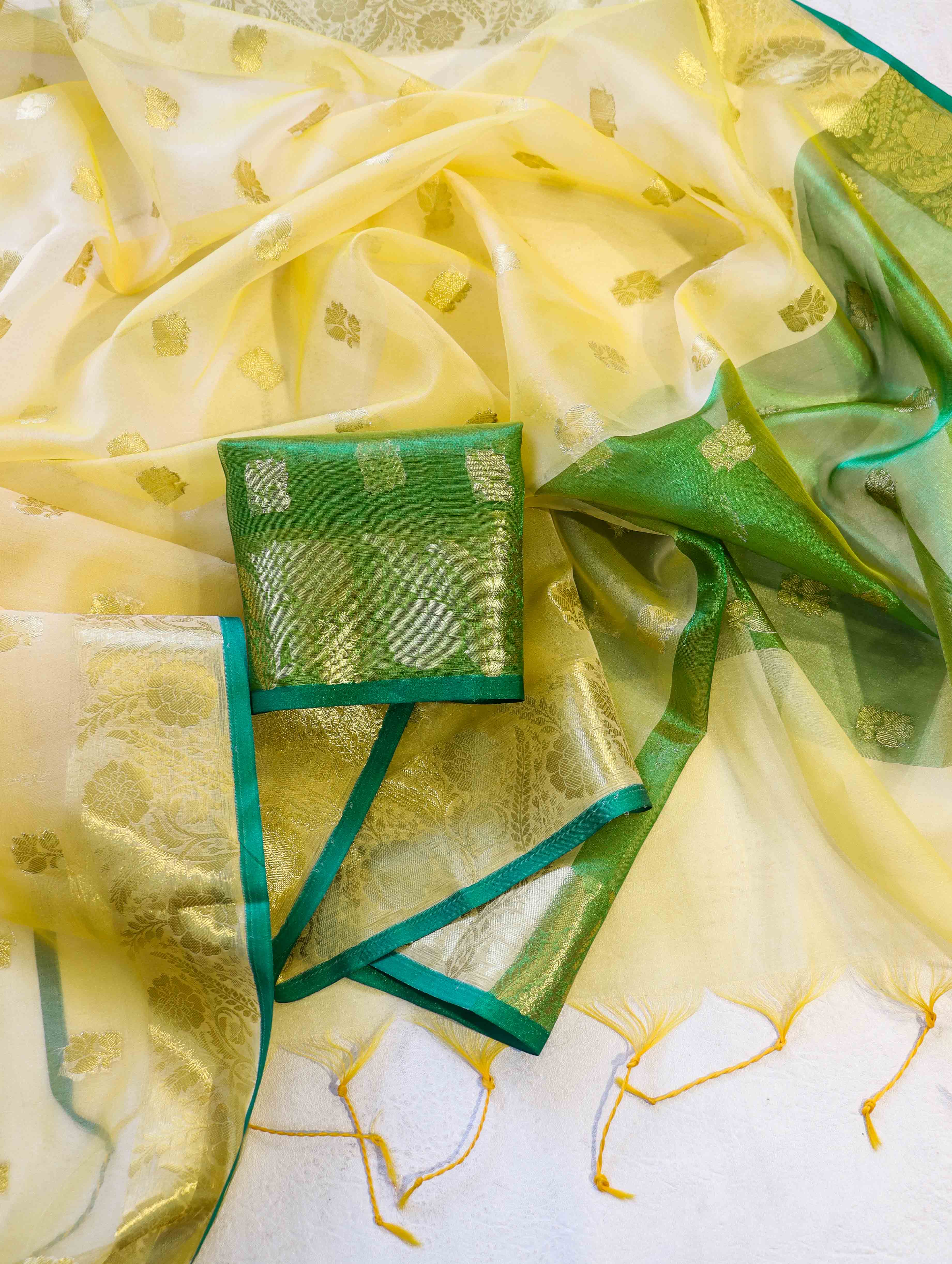 Banarasee Handloom Organza Mix Saree With Zari Buta Design & Contrast Border-Light Yellow