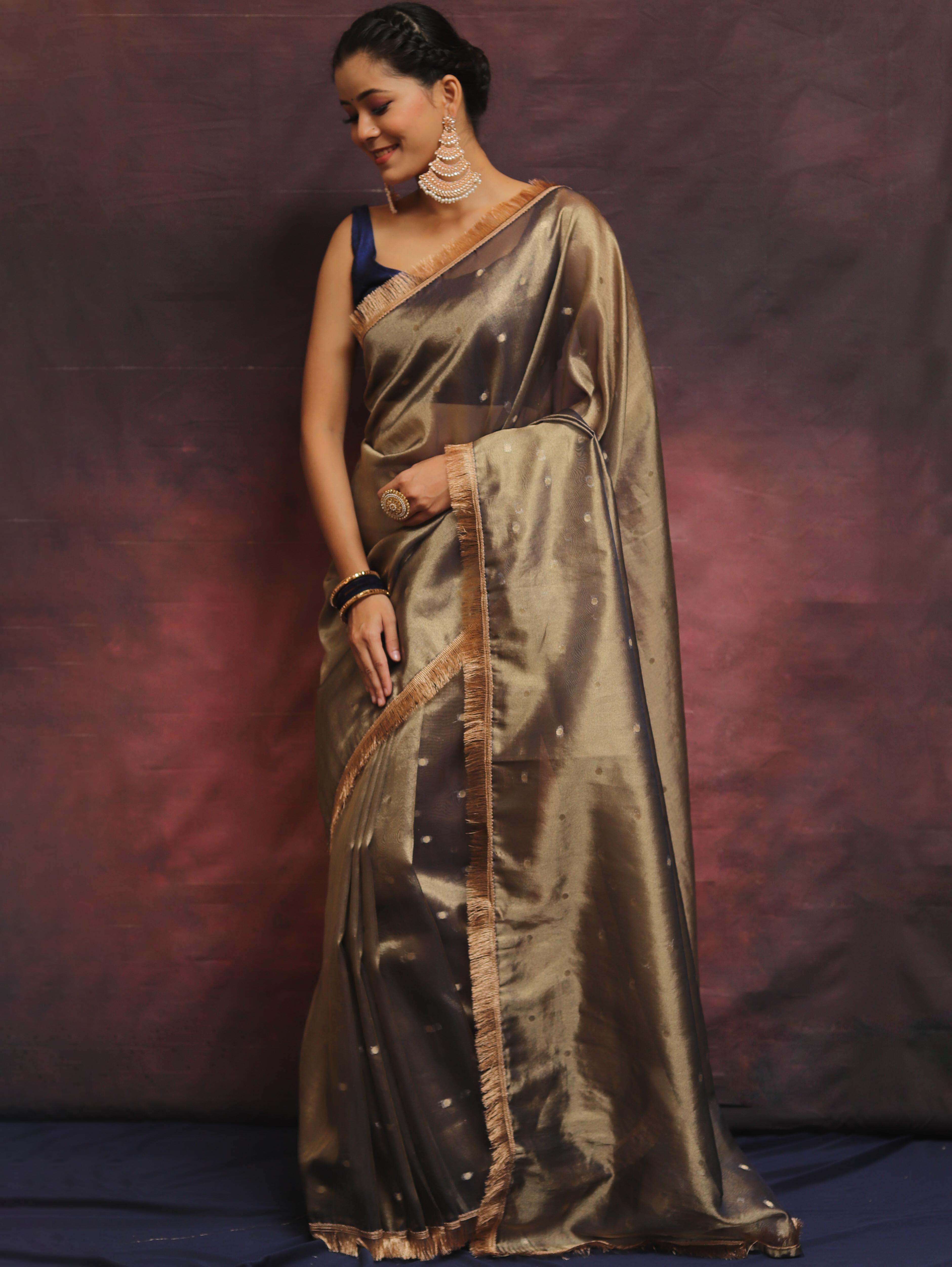 Banarasee Handwoven Tissue Saree Zari Buti With Lace-Blue