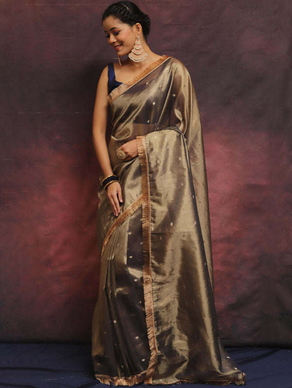 Banarasee Handwoven Tissue Saree Zari Buti With Lace-Blue