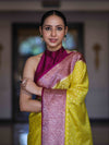 Banarasee Semi Chiffon Saree With Buti Design & Contrast Zari Border-Yellow & Magenta