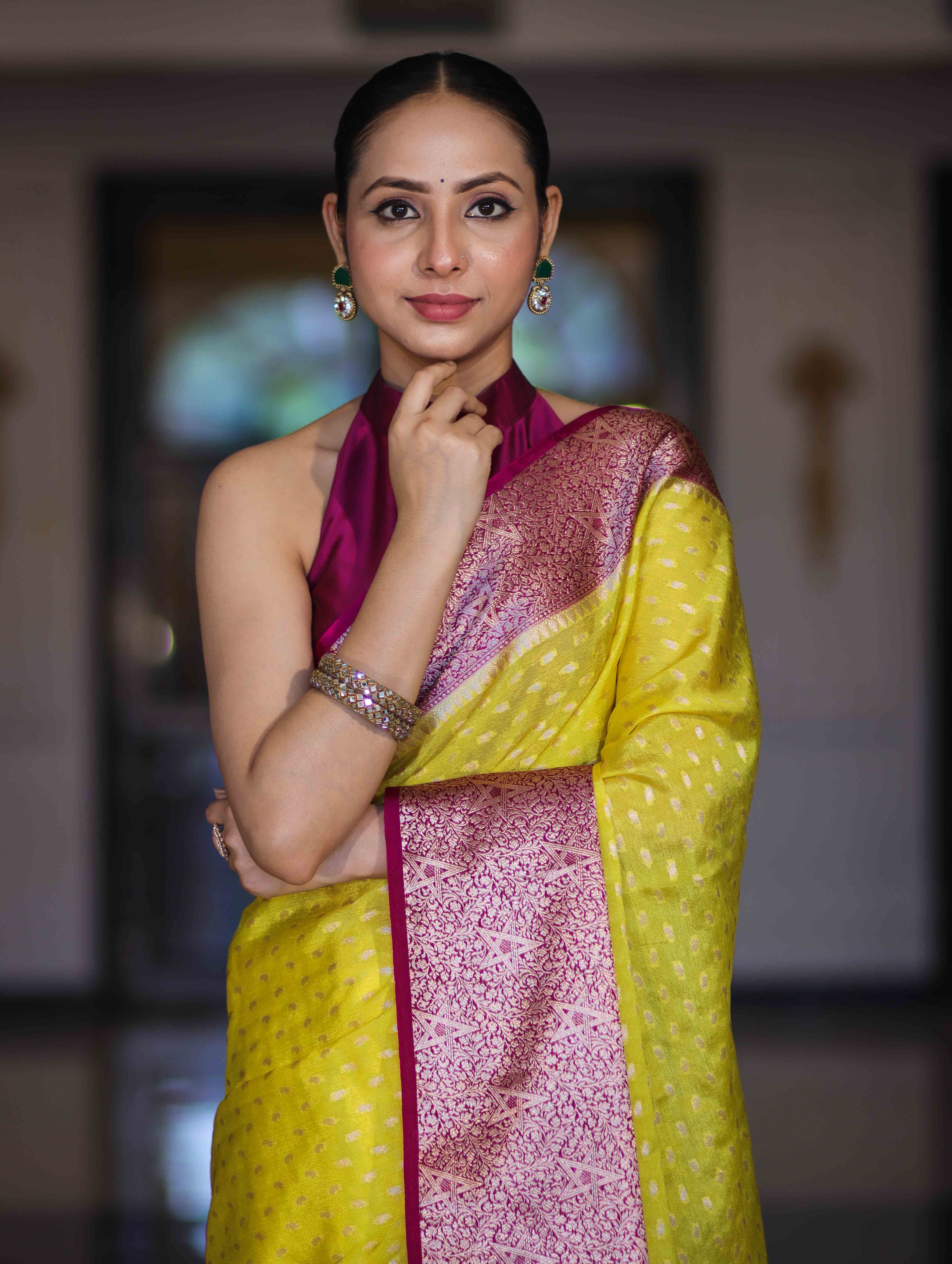 Banarasee Semi Chiffon Saree With Buti Design & Contrast Zari Border-Yellow & Magenta