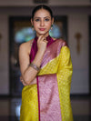 Banarasee Semi Chiffon Saree With Buti Design & Contrast Zari Border-Yellow & Magenta