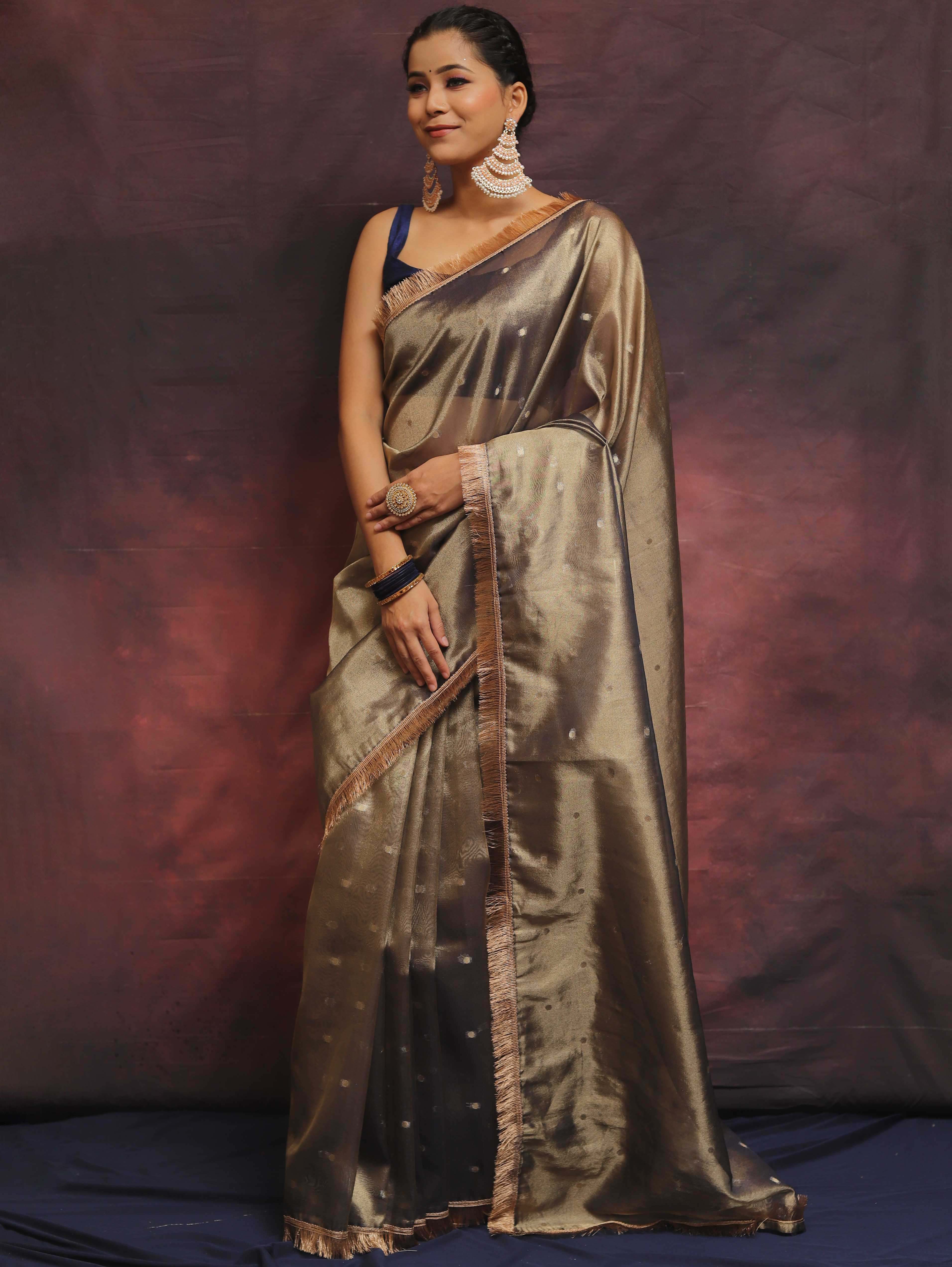Banarasee Handwoven Tissue Saree Zari Buti With Lace-Blue