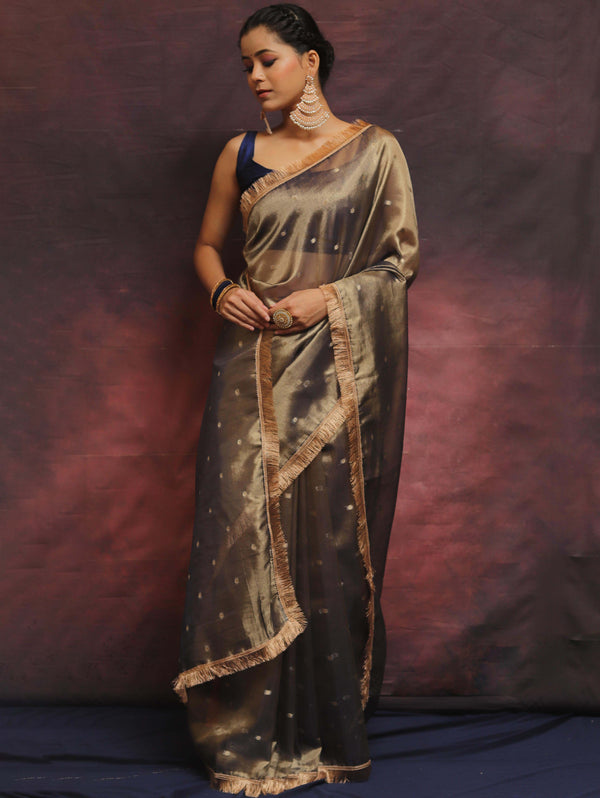 Banarasee Handwoven Tissue Saree Zari Buti With Lace-Blue