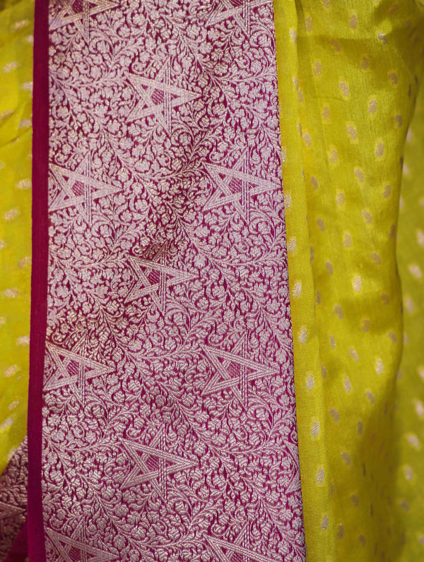 Banarasee Semi Chiffon Saree With Buti Design & Contrast Zari Border-Yellow & Magenta