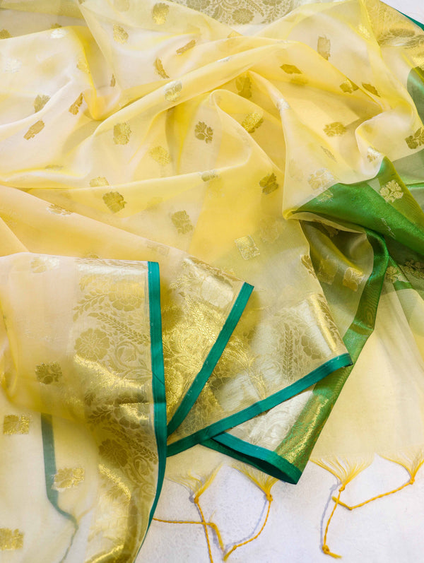 Banarasee Handloom Organza Mix Saree With Zari Buta Design & Contrast Border-Light Yellow