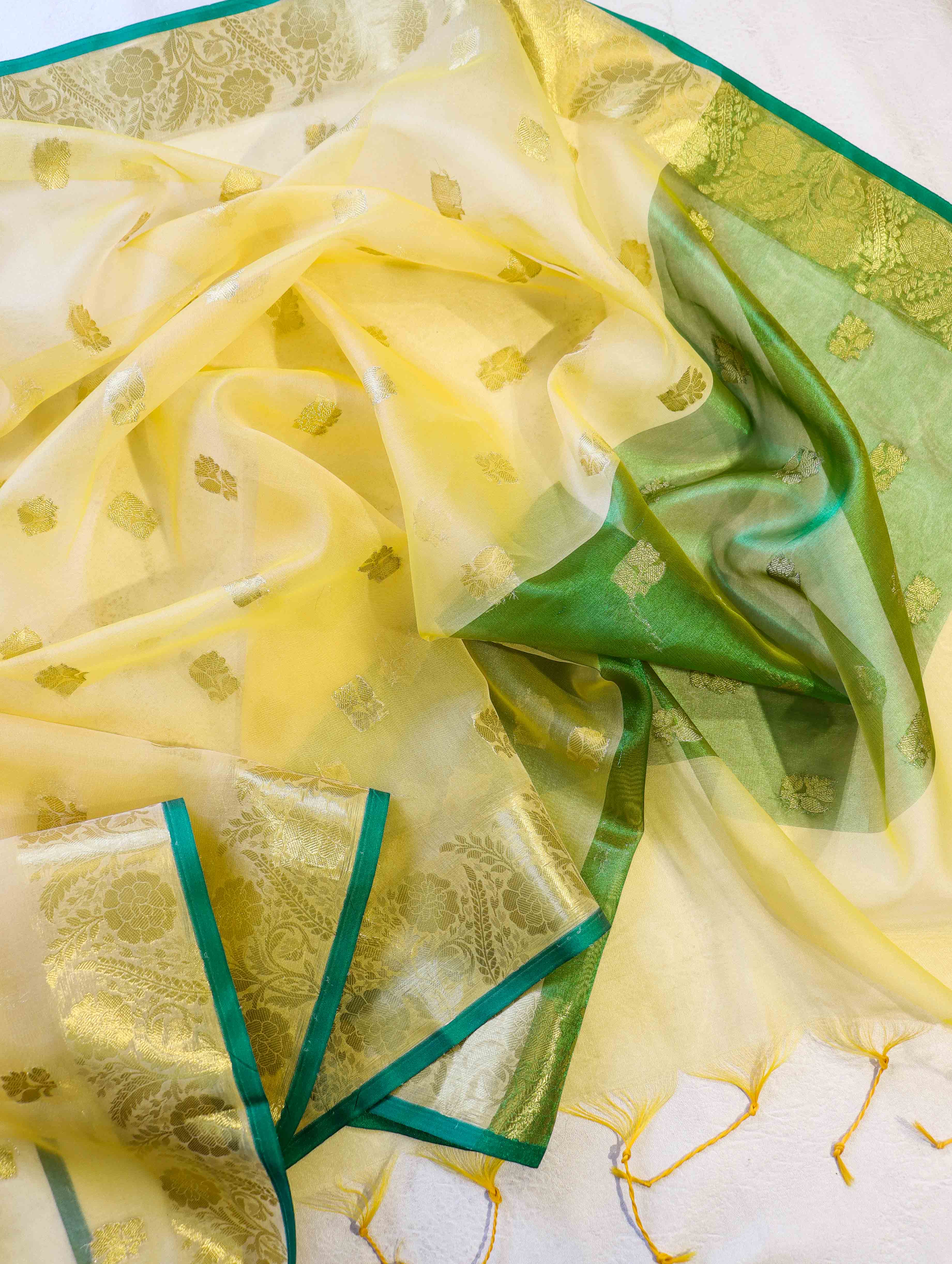 Banarasee Handloom Organza Mix Saree With Zari Buta Design & Contrast Border-Light Yellow