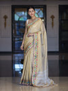 Banarasee Handloom Dual Tone Shimmer Silk Saree With Buti Design & Lace Border-Cream (Gold Tone)