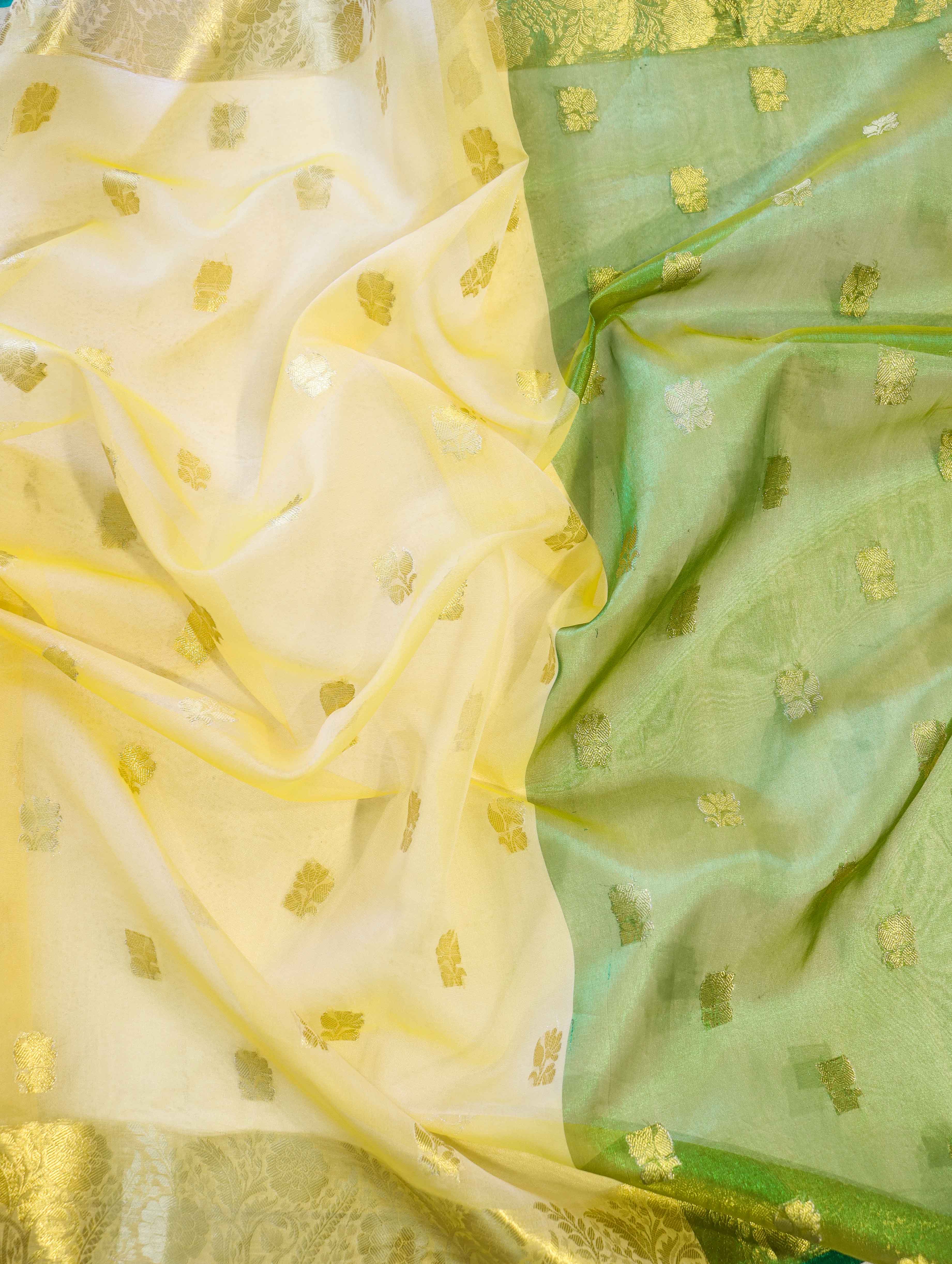 Banarasee Handloom Organza Mix Saree With Zari Buta Design & Contrast Border-Light Yellow