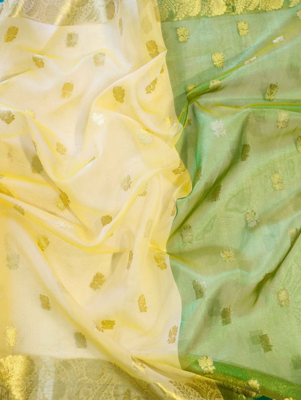 Banarasee Handloom Organza Mix Saree With Zari Buta Design & Contrast Border-Light Yellow