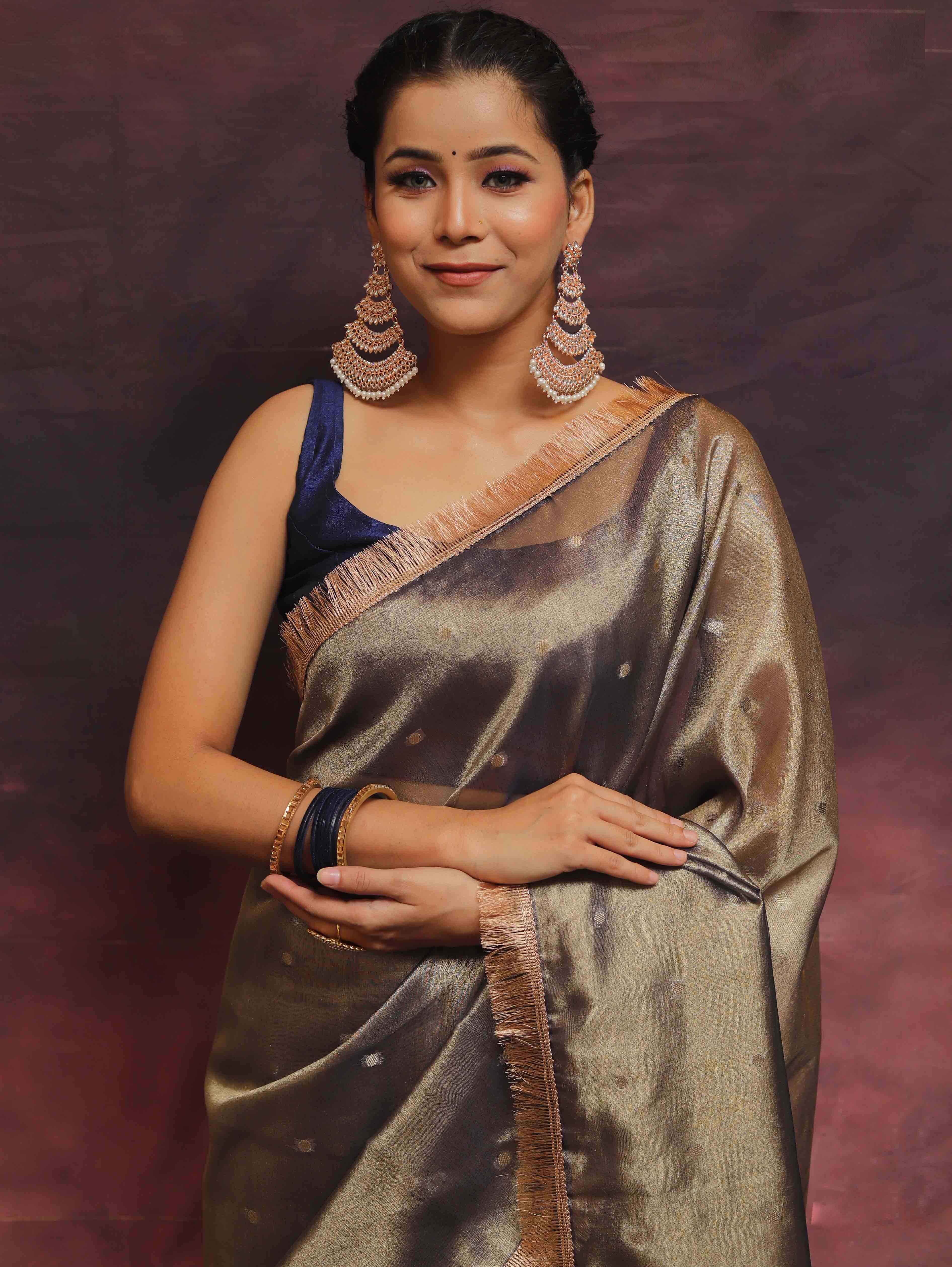 Banarasee Handwoven Tissue Saree Zari Buti With Lace-Blue