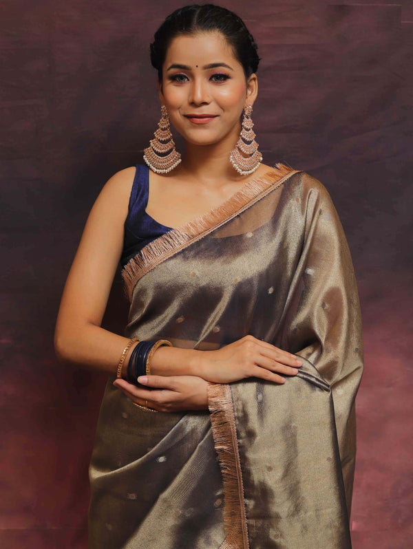 Banarasee Handwoven Tissue Saree Zari Buti With Lace-Blue
