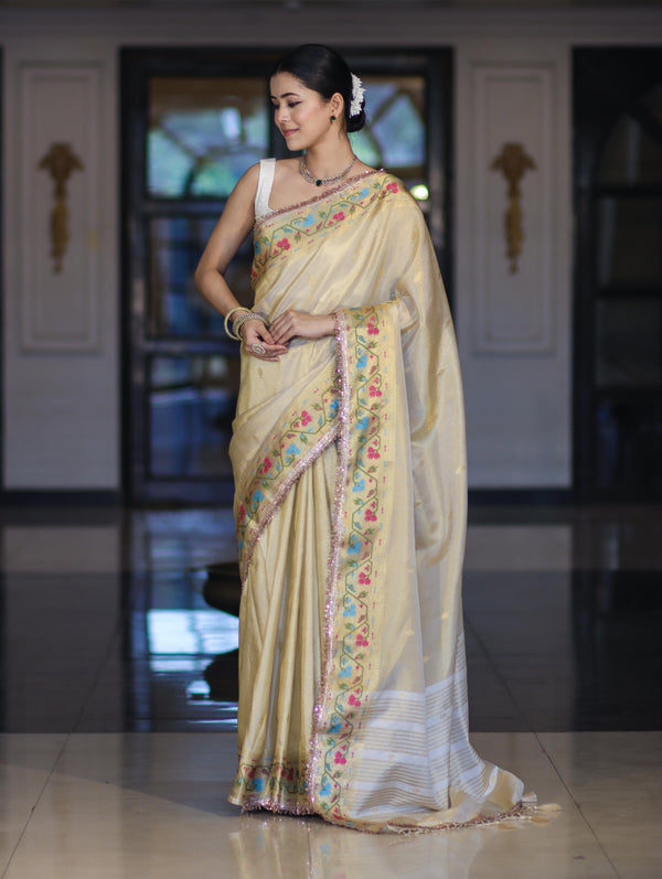 Banarasee Handloom Dual Tone Shimmer Silk Saree With Buti Design & Lace Border-Cream (Gold Tone)