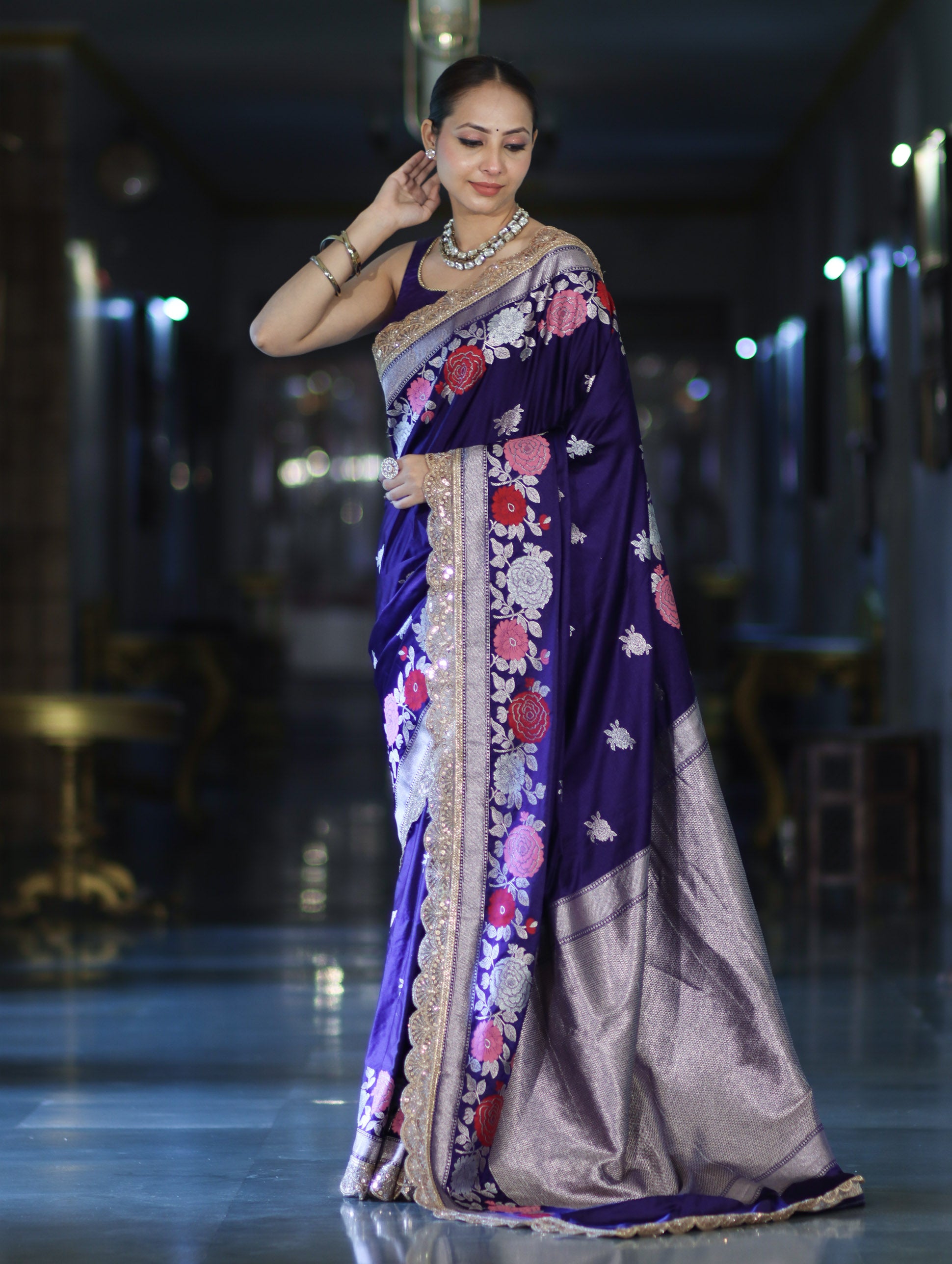 Banarasee Mashru Silk Saree With Zari Embroidery Floral Border & Lace-Purple