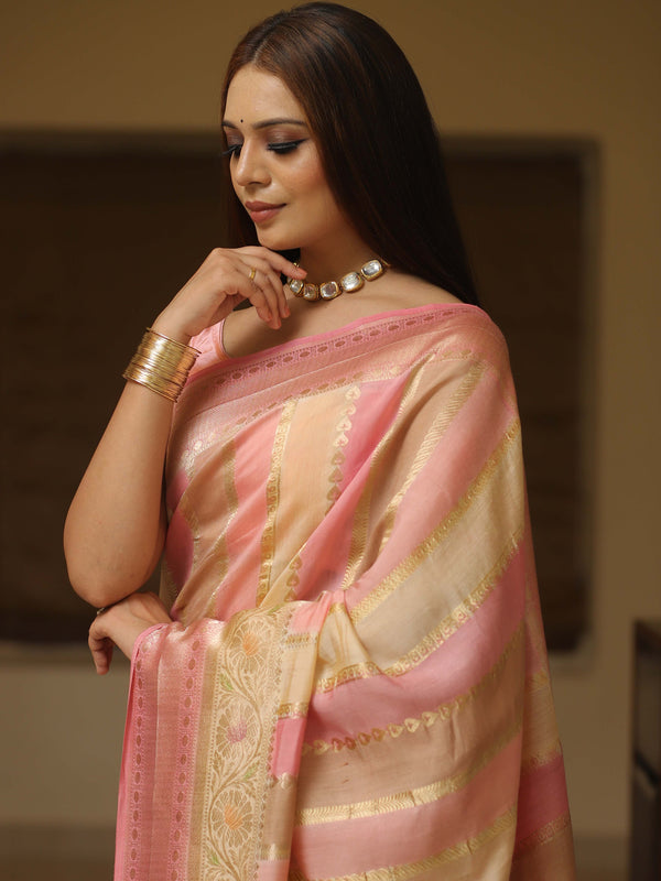 Banarasee Handpainted Pure Muga Silk Saree With Contrast Border-Multicolor