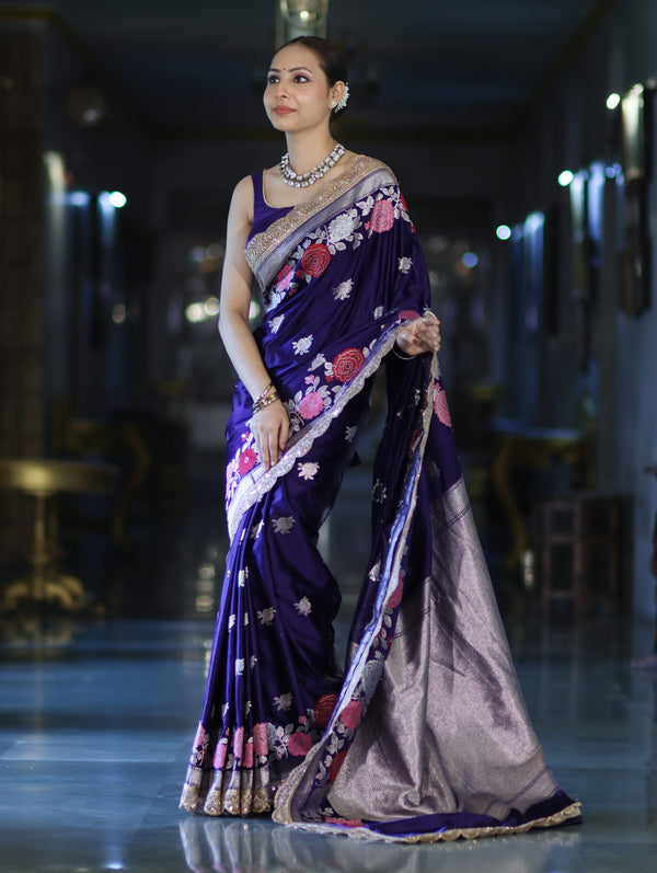 Banarasee Mashru Silk Saree With Zari Embroidery Floral Border & Lace-Purple