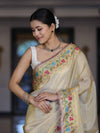 Banarasee Handloom Dual Tone Shimmer Silk Saree With Buti Design & Lace Border-Cream (Gold Tone)
