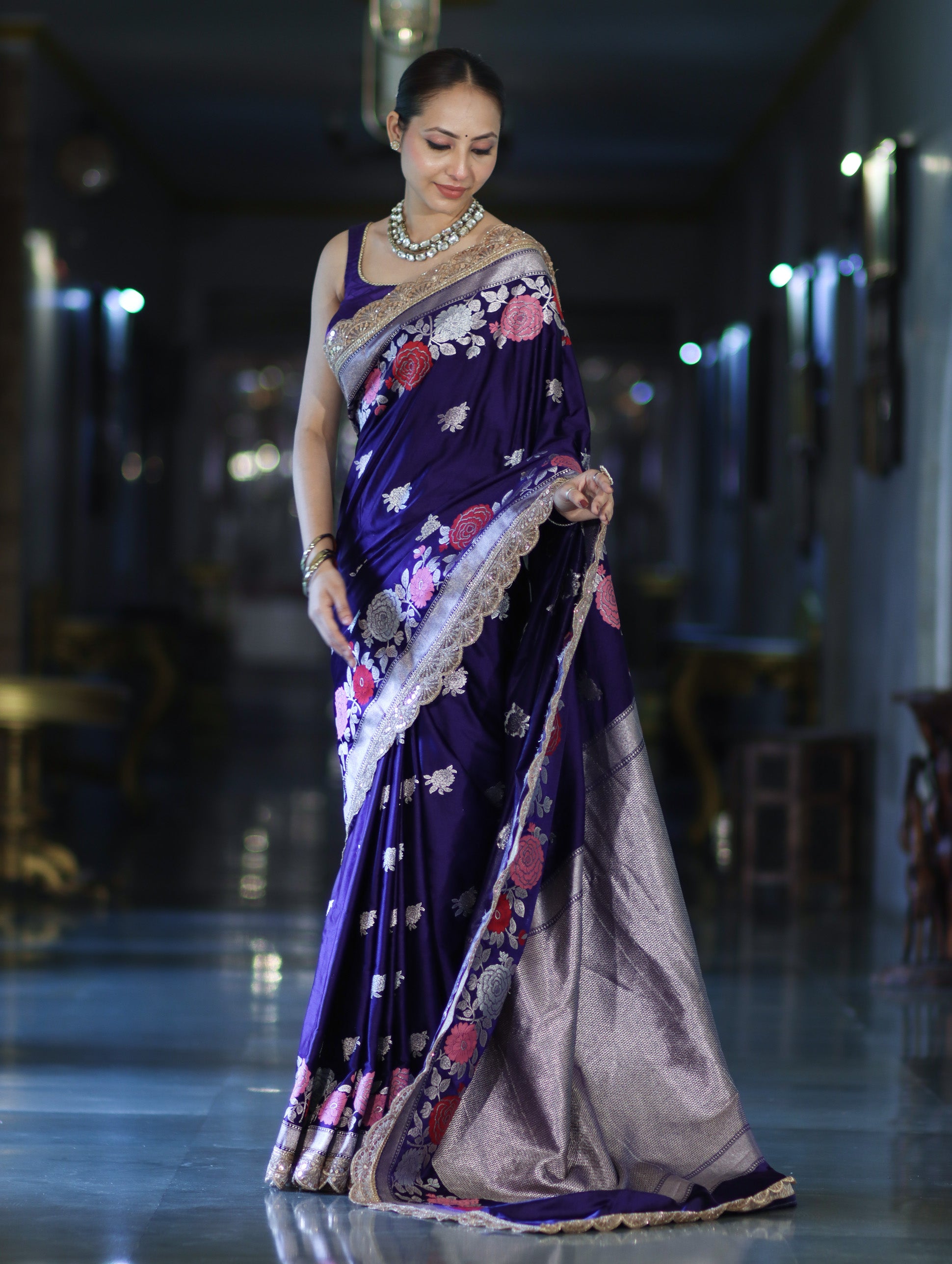 Banarasee Mashru Silk Saree With Zari Embroidery Floral Border & Lace-Purple