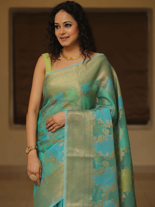 Banarasee Organza Mix Saree With Zari Jaal & Border-Blue