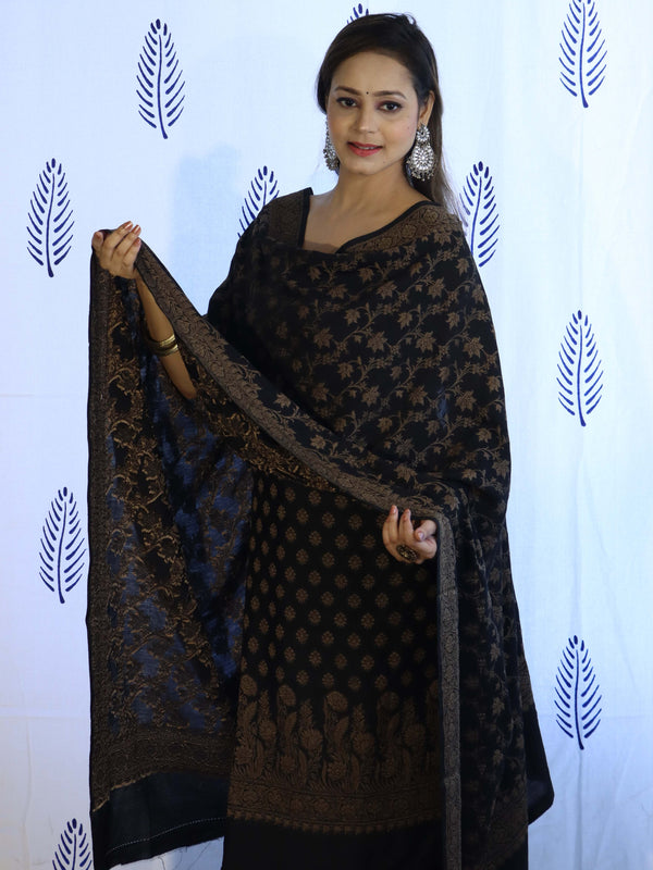 Banarasee Cotton Silk Salwar Kameez Fabric With Dupatta Set & Resham Work-Black