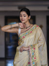 Banarasee Handloom Dual Tone Shimmer Silk Saree With Buti Design & Lace Border-Cream (Gold Tone)