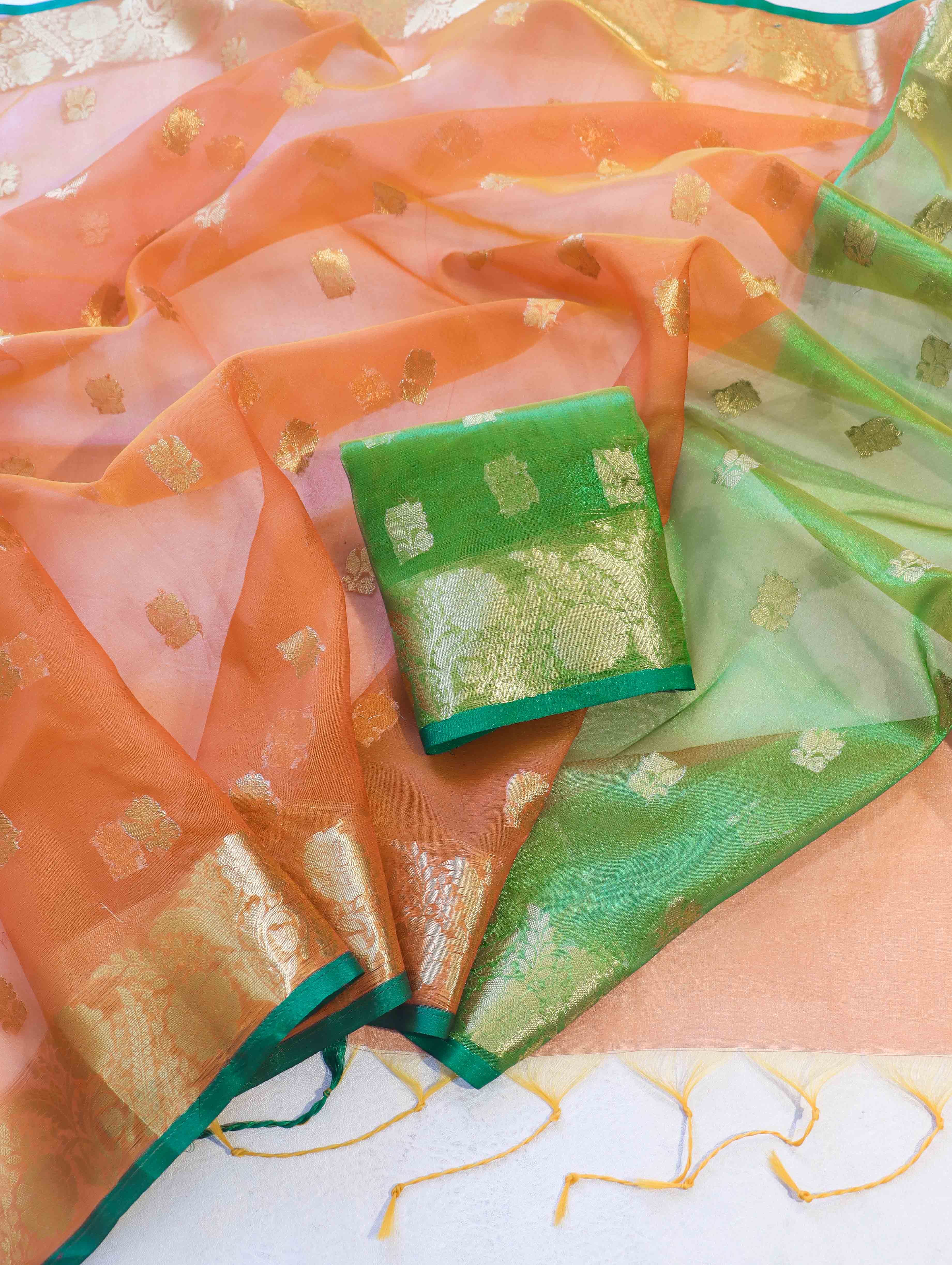 Banarasee Handloom Organza Mix Saree With Zari Buta Design & Contrast Border-Orange