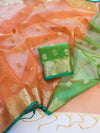 Banarasee Handloom Organza Mix Saree With Zari Buta Design & Contrast Border-Orange