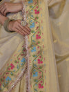 Banarasee Handloom Dual Tone Shimmer Silk Saree With Buti Design & Lace Border-Cream (Gold Tone)