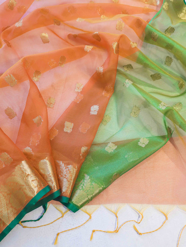 Banarasee Handloom Organza Mix Saree With Zari Buta Design & Contrast Border-Orange