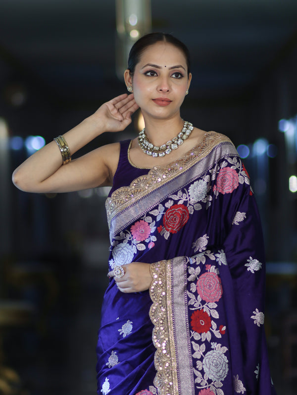 Banarasee Mashru Silk Saree With Zari Embroidery Floral Border & Lace-Purple