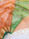 Banarasee Handloom Organza Mix Saree With Zari Buta Design & Contrast Border-Orange