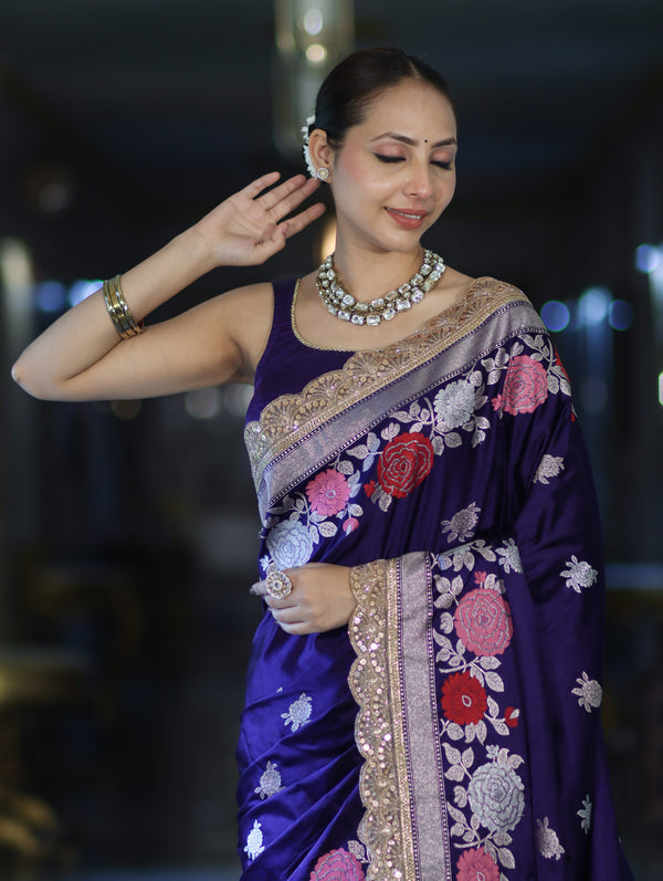 Banarasee Mashru Silk Saree With Zari Embroidery Floral Border & Lace-Purple