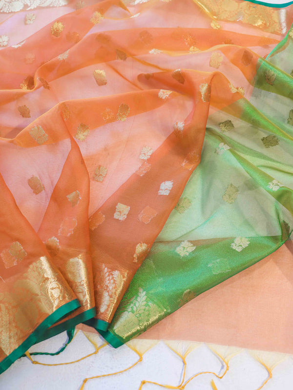 Banarasee Handloom Organza Mix Saree With Zari Buta Design & Contrast Border-Orange