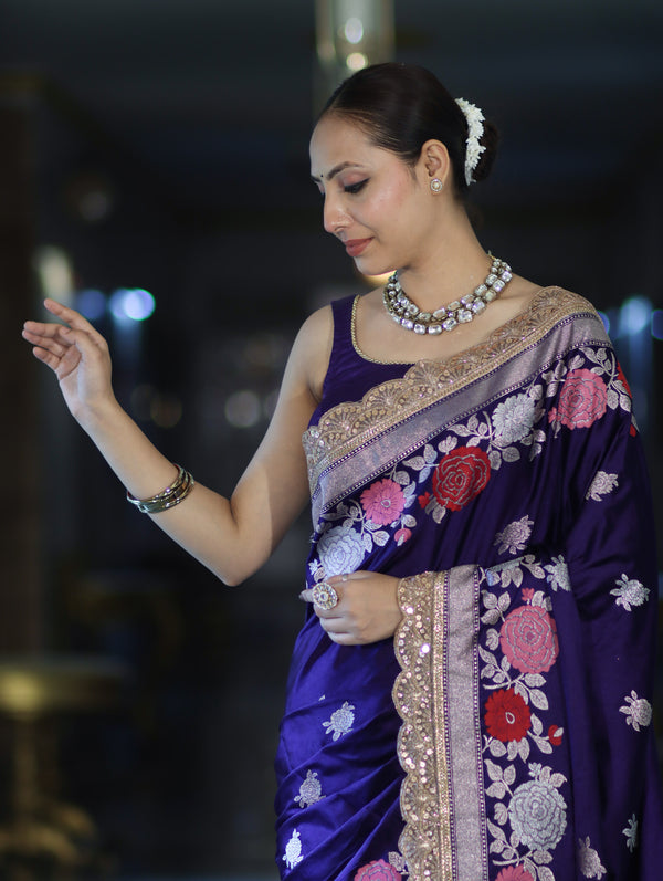 Banarasee Mashru Silk Saree With Zari Embroidery Floral Border & Lace-Purple