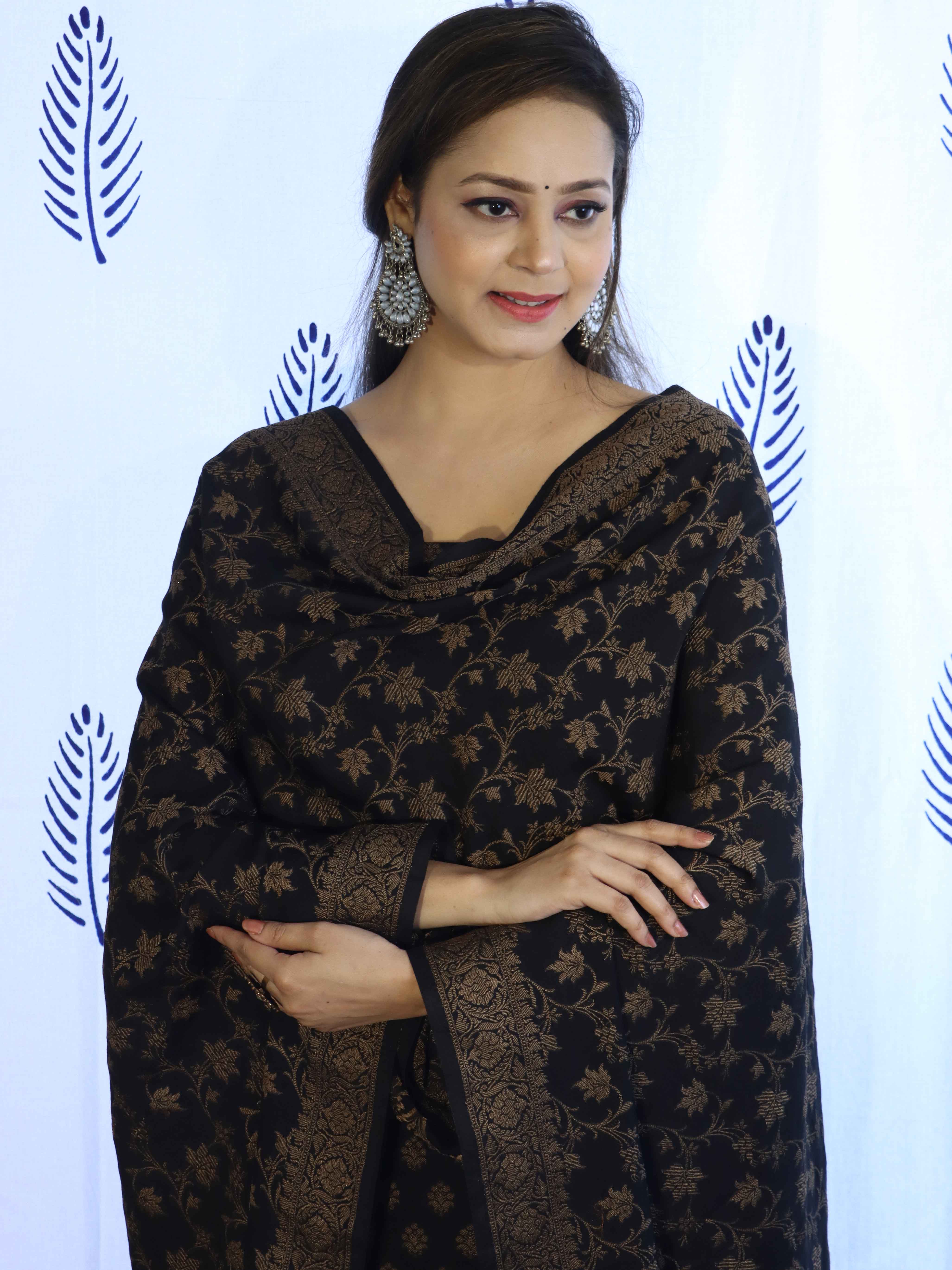 Banarasee Cotton Silk Salwar Kameez Fabric With Dupatta Set & Resham Work-Black