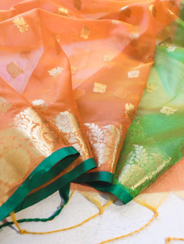 Banarasee Handloom Organza Mix Saree With Zari Buta Design & Contrast Border-Orange