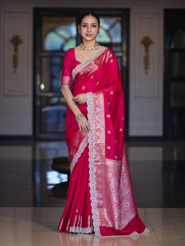 Banarasee Handloom Semi Silk Saree With Zari Buti Design & Lace Border-Fuchsia Pink