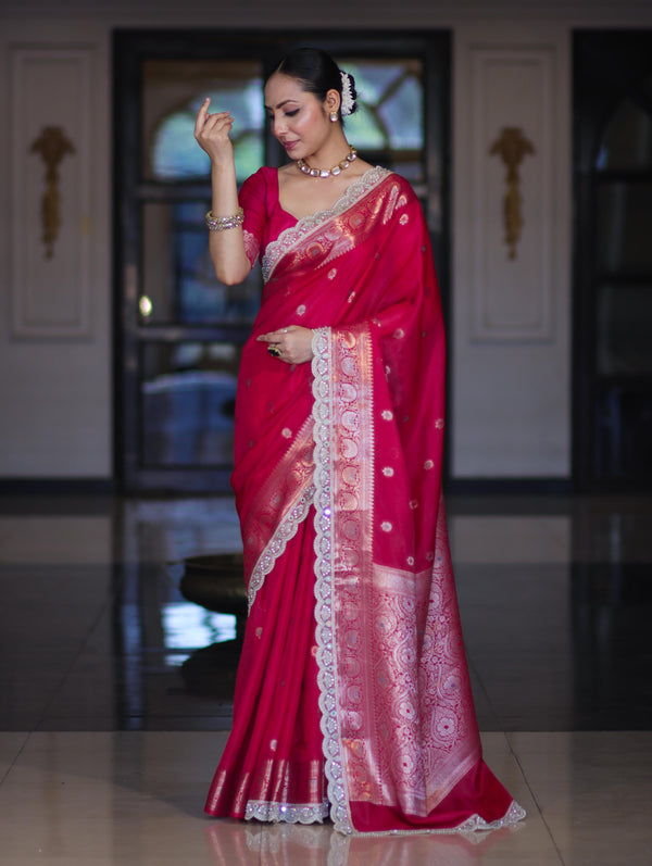 Banarasee Handloom Semi Silk Saree With Zari Buti Design & Lace Border-Fuchsia Pink