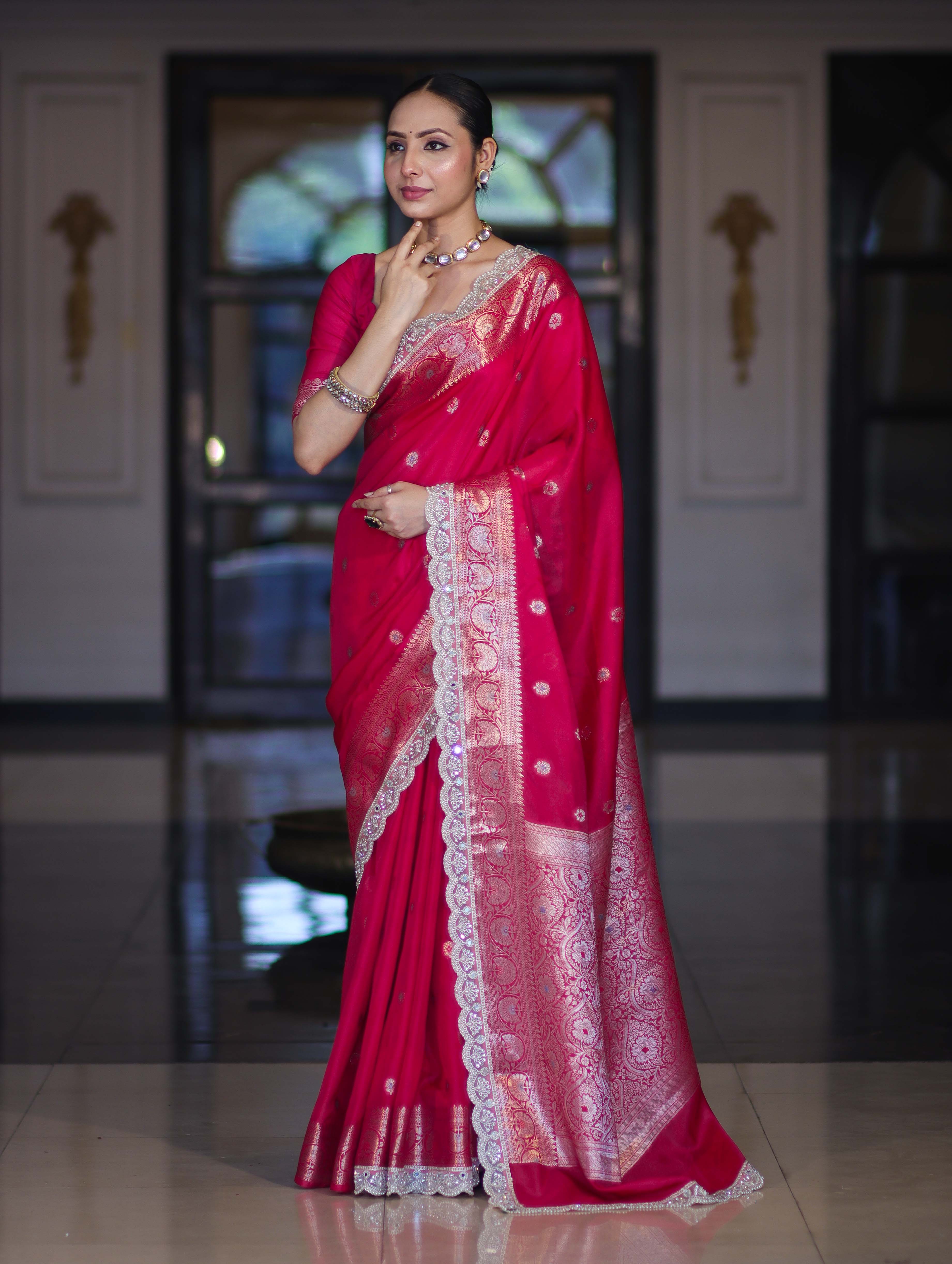 Banarasee Handloom Semi Silk Saree With Zari Buti Design & Lace Border-Fuchsia Pink