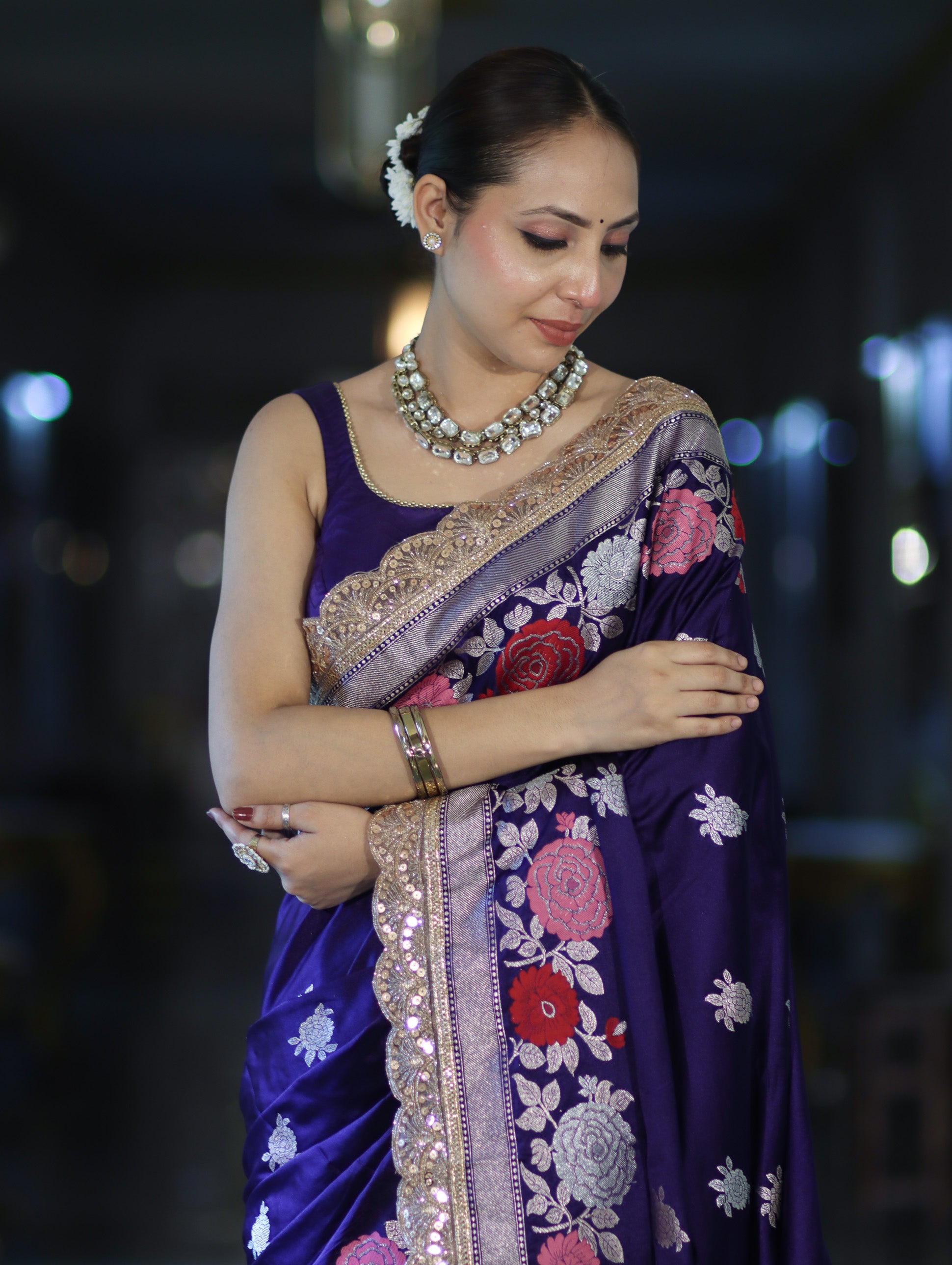 Banarasee Mashru Silk Saree With Zari Embroidery Floral Border & Lace-Purple