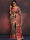 Banarasee Handwoven Plain Crushed Tissue Saree With Contrast Zari Border & Lace-Grey & Pink