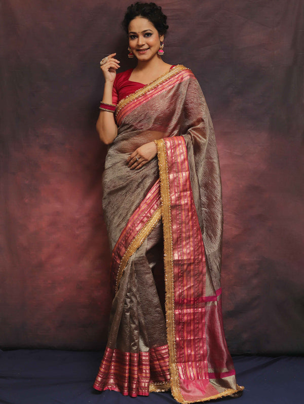 Banarasee Handwoven Plain Crushed Tissue Saree With Contrast Zari Border & Lace-Grey & Pink