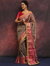Banarasee Handwoven Plain Crushed Tissue Saree With Contrast Zari Border & Lace-Grey & Pink