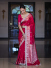 Banarasee Handloom Semi Silk Saree With Zari Buti Design & Lace Border-Fuchsia Pink